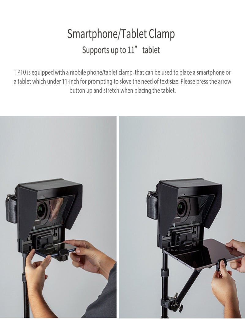 فيل وورلد جهاز التلقين القابل للطي FEELWORLD TP10 للهواتف الذكية وكاميرات DSLR والأجهزة اللوحية، مزود بحامل للهاتف وجهاز تحكم عن بعد و8 حلقات محول عدسة وحقيبة حمل لتسجيل الفيديو والبث المباشر والمقابلات - Image 3