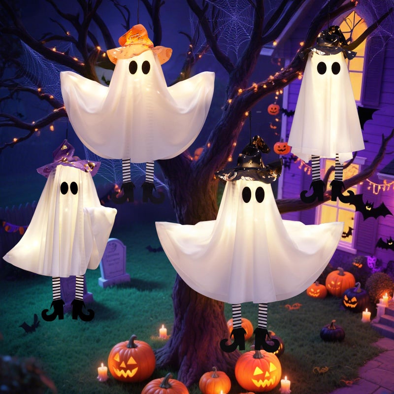 FIALAME Halloween Decorations Outdoor Indoor4 Pack Hanging Ghosts Outdoor Halloween DecorCute Light Up Witches Hats Ghost Decorations with 3 Light ModesDIY ArmsPerfect for Tree Porch Yard Window Ceiling - Image 2