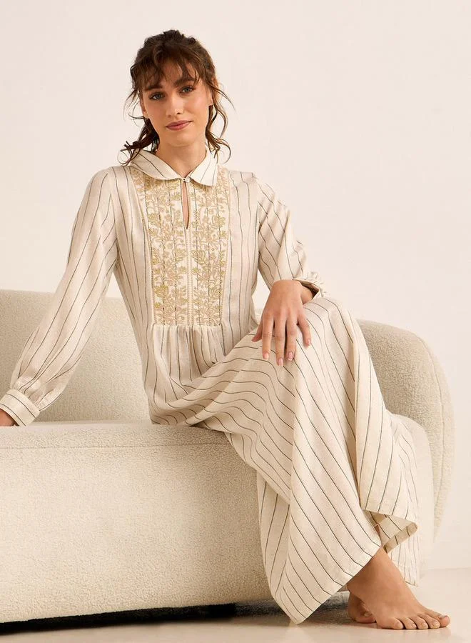 سبلاش فيڤ Midi Night Dress Long Sleeves Lurex Stripe Linen Blend