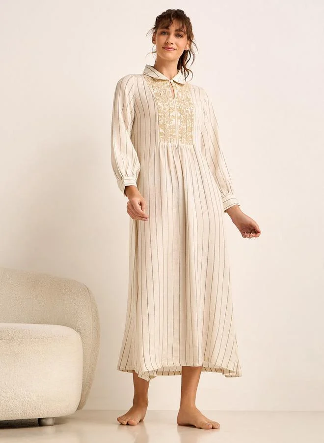 سبلاش فيڤ Midi Night Dress Long Sleeves Lurex Stripe Linen Blend