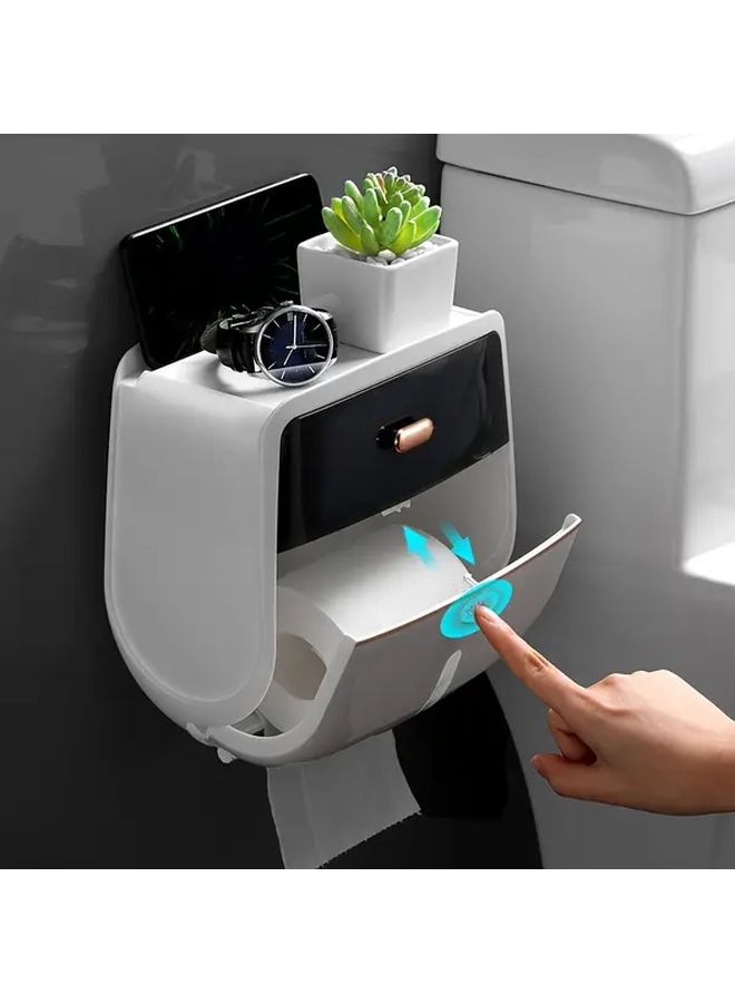 Black Heavy Duty Double Layer Self Adhesive No Drill Wall Mounted Toilet Paper Holder - Image 1