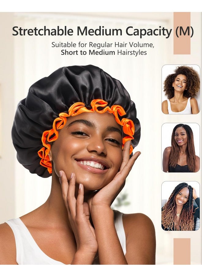 mikimini Black Shower Caps 2 Packs Double Layers Waterproof Bathing Hair Cap With Reusable Soft Comfortable Peva Lining Cute Nonfading & Stretchy Shower Hat Medium (Pack Of 2) Black + Orange  - Image 2