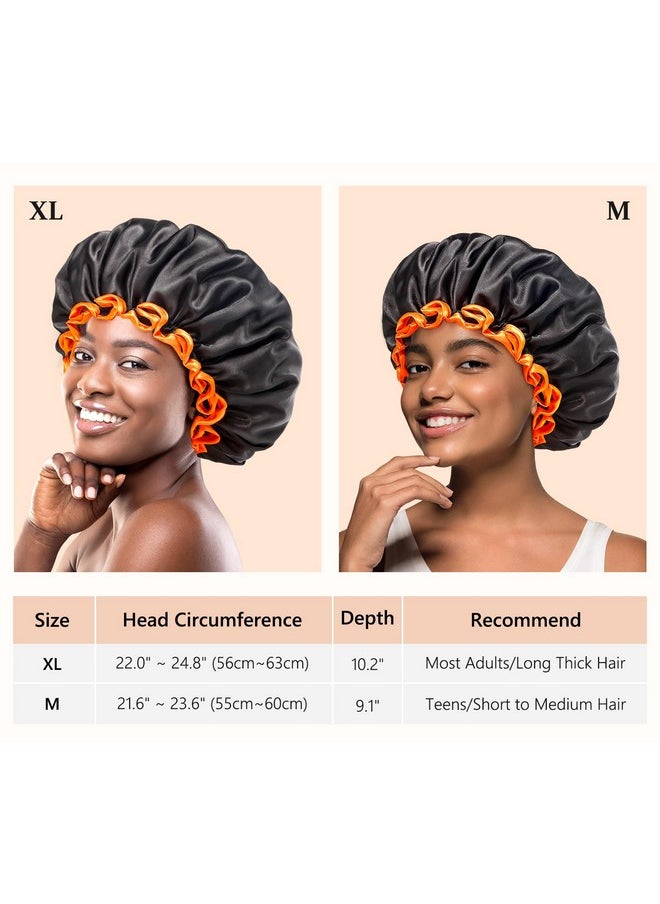 mikimini Black Shower Caps 2 Packs Double Layers Waterproof Bathing Hair Cap With Reusable Soft Comfortable Peva Lining Cute Nonfading & Stretchy Shower Hat Medium (Pack Of 2) Black + Orange  - Image 3