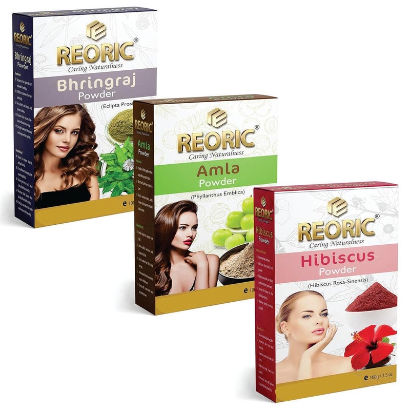 REORIC Reoric amla powder bhringraj powder hibiscus powder amla powder hibiscus powder Organic Karnataka Bhringraj False Daisy Leaf Powder for Skin and Hair gudhal ka powder300g Pack of 3  - Image 1