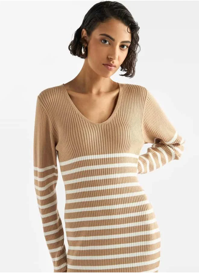 FAV Striped V-neck Dress with Long Sleeves