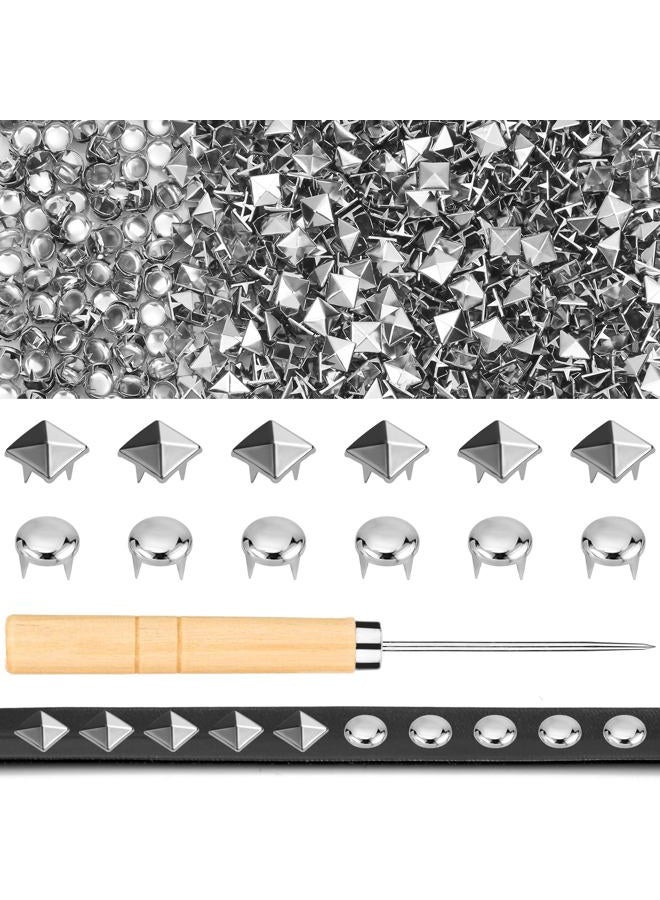 Jollidecor 1250 PCS Metal Studs for Clothing, 10mm Square Pyramid Studs and Round Dome Studs for Craft, Leather Rivet Kit with Awl Silver Spikes for Clothes, Jacket, Belt, Dog Collar - Image 1