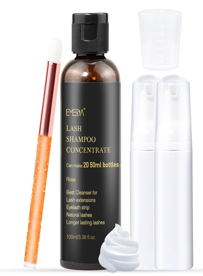 EMEDA Lash Shampoo Concentrate for Eyelash Extensions 100ml Eyelash Extension Cleanser Concentrate Bulk Liquid Kit with Brush Bottle Foam Soap Lash Bath Solution - Makes 20 Bottles 50ml Shampoo (Rose) - Image 1