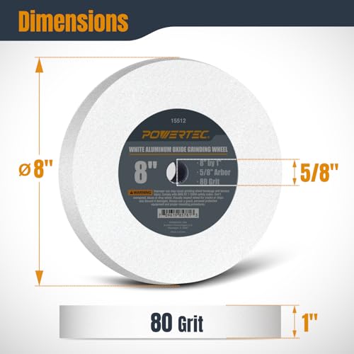 POWERTEC Bench Grinder Wheel 8 Inch 80 Grit, White Aluminum Oxide Grinding Wheel for Bench Pedestal Grinder, 1" Thick 5/8" Arbor, Sharpening & Shaping Drill Bits, Blade, and Chisel 1PK (15512) - Image 2