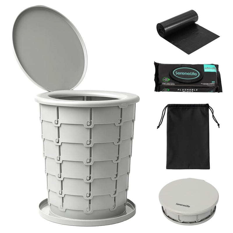 SereneLife Foldable Toilet Seat for Camping Adjustable Height Portable Travel Potty with Lid Carry Bag NonSlip Base 331 lbs Capacity 3Pack Flushable Wipes for Car Hiking Outdoor Use Gray - Image 2