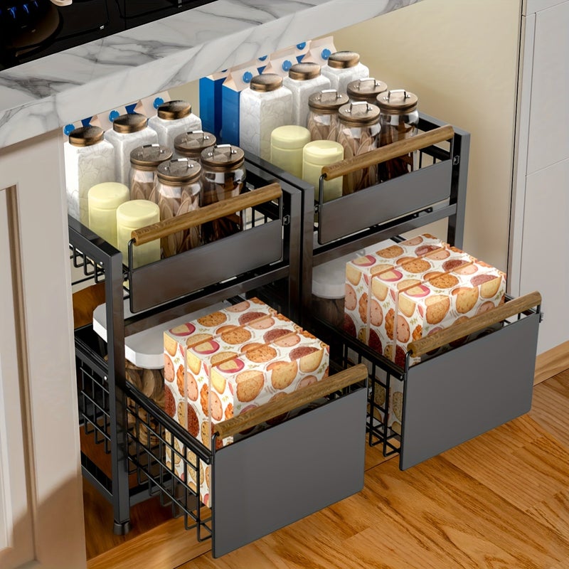 1pc 1/2 Layer Pull-Out Storage Rack Household Storage Pull Basket Multifunctional Storage Rack Suitable for Kitchen Can Be Placed Seasoning, Snack Storage Rack Carbon Steel Paint Black/White/Gray - Image 2