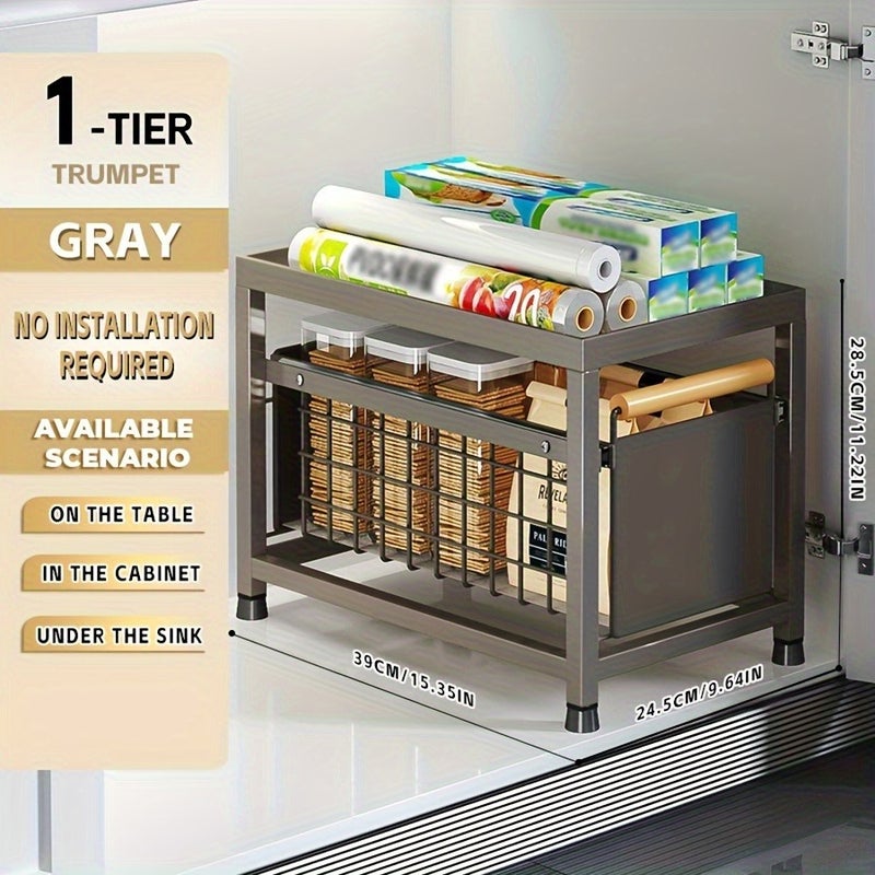 1pc 1/2 Layer Pull-Out Storage Rack Household Storage Pull Basket Multifunctional Storage Rack Suitable for Kitchen Can Be Placed Seasoning, Snack Storage Rack Carbon Steel Paint Black/White/Gray - Image 1