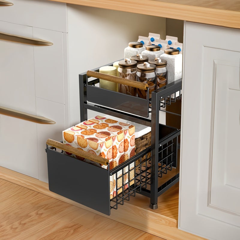 1pc 1/2 Layer Pull-Out Storage Rack Household Storage Pull Basket Multifunctional Storage Rack Suitable for Kitchen Can Be Placed Seasoning, Snack Storage Rack Carbon Steel Paint Black/White/Gray - Image 4