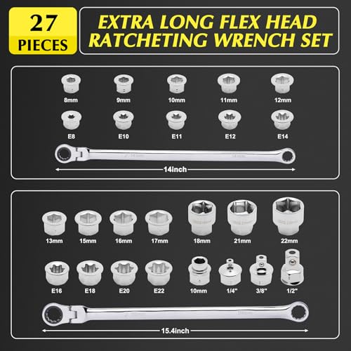 EMENTOL 27PCS Extra Long Flex Head Ratcheting Wrench Set CRV Double Box End Ratchet Wrench Set with 8mm 22mm E8 E22 14 38 12 Socket Adapters Replacement Heads - Image 3