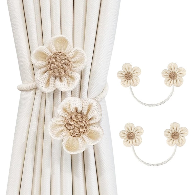SRG Rope Curtain Tiebacks 2 Pack | Sunflower Curtain Tieback Boho | Simple Elegant DIY Curtain Holdbacks | Accessories Wall Decoration for Home Office（Cream） - Image 1