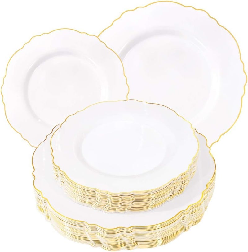 WDF 60pcs White and Gold Plastic Plates  Baroque White With Gold of 30 Heavy Duty Gold dinner plates 1025inch 30 Salad Plates 75inch Perfect for WeddingsPartyFathers Day