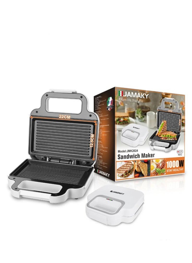 JAMAKY Sandwich Maker 1000W with Italian technology for delicious meals , features a non-stick coating , JMK2024 Powerful Heater for Quick Setting, Beautifully Designed, Convenient and easy to use and Clean , temperature control - white  - Image 1