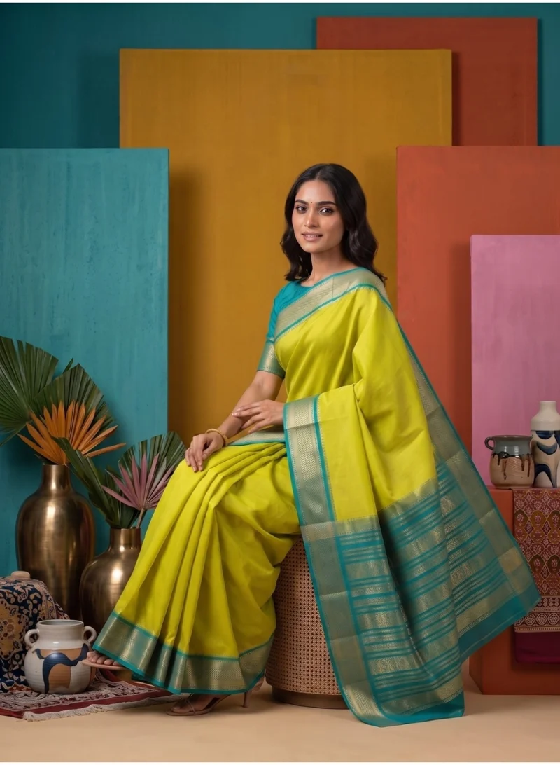 Nool  Basant Yellow Mysore Silk Saree with Unstitched Blouse Material for Women | Best Price UAE