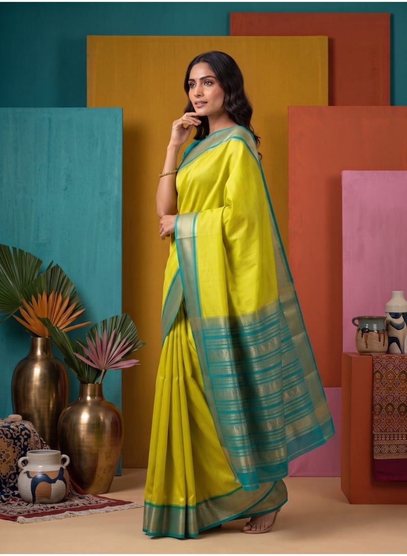 Nool Basant Yellow Mysore Silk Saree with Unstitched Blouse Material - Image 2