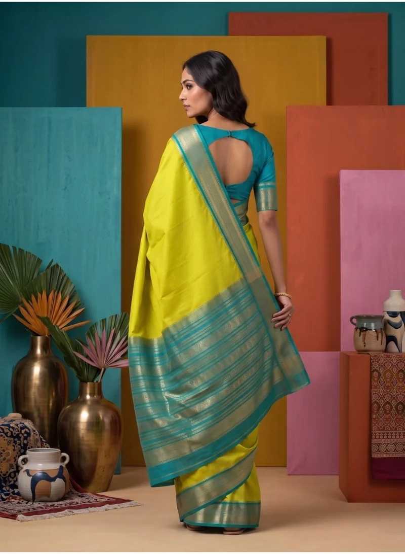 Nool  Basant Yellow Mysore Silk Saree with Unstitched Blouse Material for Women | Best Price UAE