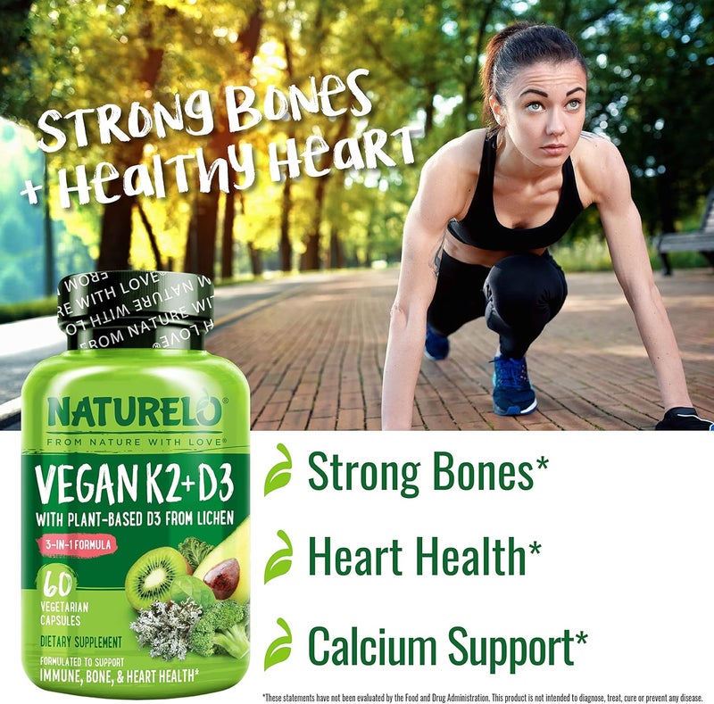 NATURELO Vitamin D3 K2 Vegan K2D3 with Plant Based D3 from Lichen Natural D3 Supplement for Immune System Bone Support Heart Health Whole Food NonGMO Gluten Free 60 Capsules - Image 5