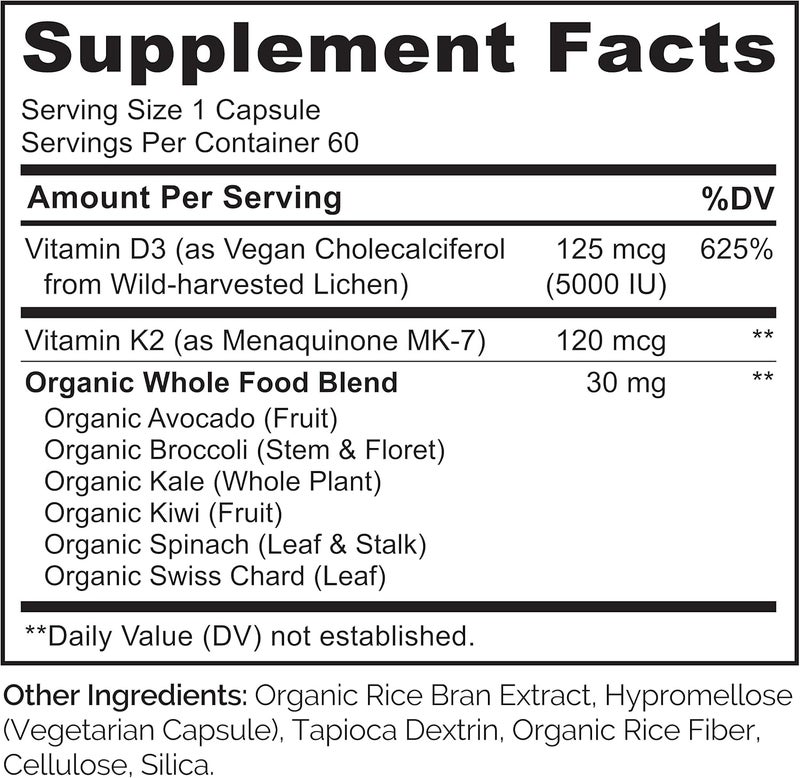 NATURELO Vitamin D3 K2 Vegan K2D3 with Plant Based D3 from Lichen Natural D3 Supplement for Immune System Bone Support Heart Health Whole Food NonGMO Gluten Free 60 Capsules - Image 3