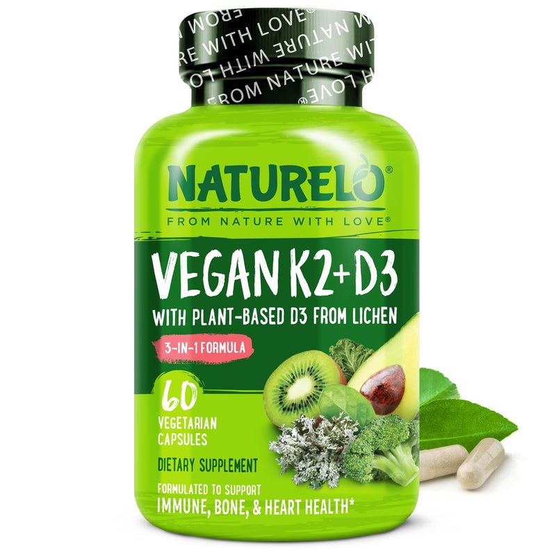 NATURELO Vitamin D3 K2 Vegan K2D3 with Plant Based D3 from Lichen Natural D3 Supplement for Immune System Bone Support Heart Health Whole Food NonGMO Gluten Free 60 Capsules - Image 1