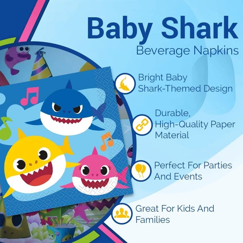 Unique Baby Shark Multicolored Beverage Napkins - 5" (Pack of 16) - Vibrant Paper Napkins, Perfect for Kid's Parties - Image 5
