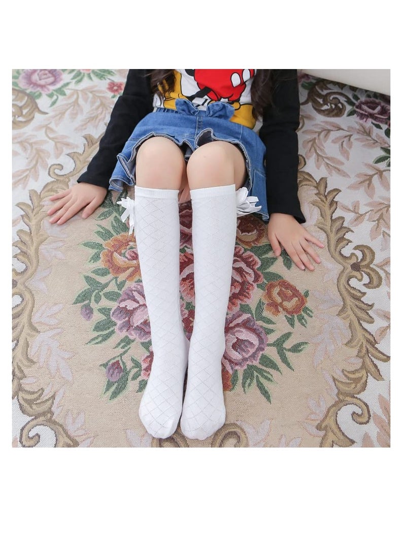 Girls Knee High Socks - 4 Pairs Bow Style Over Calf Stockings for Kids, Mesh Diamond Check Design, Heelless Straight Socks for Ages 2-10 - Image 2