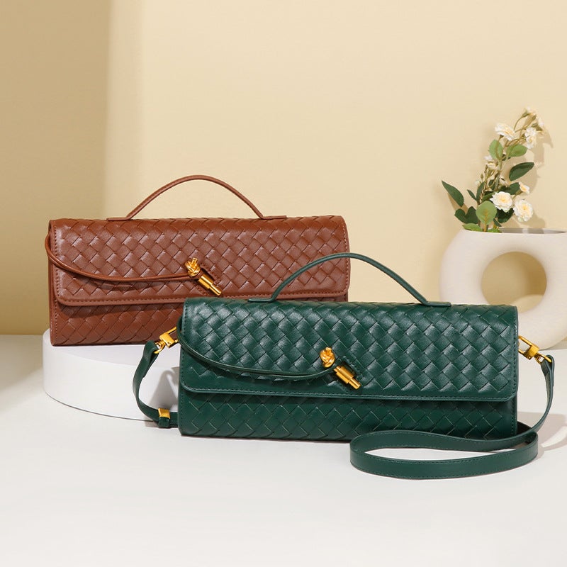 Women's Handwoven PU Leather Crossbody Bag with Gold Clasp - Image 2
