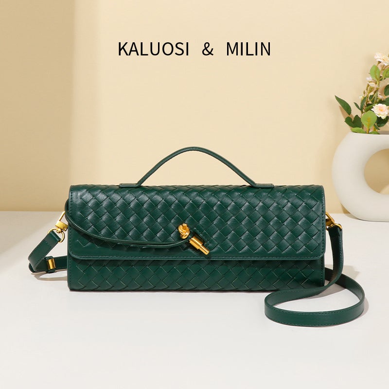 Women's Handwoven PU Leather Crossbody Bag with Gold Clasp - Image 1