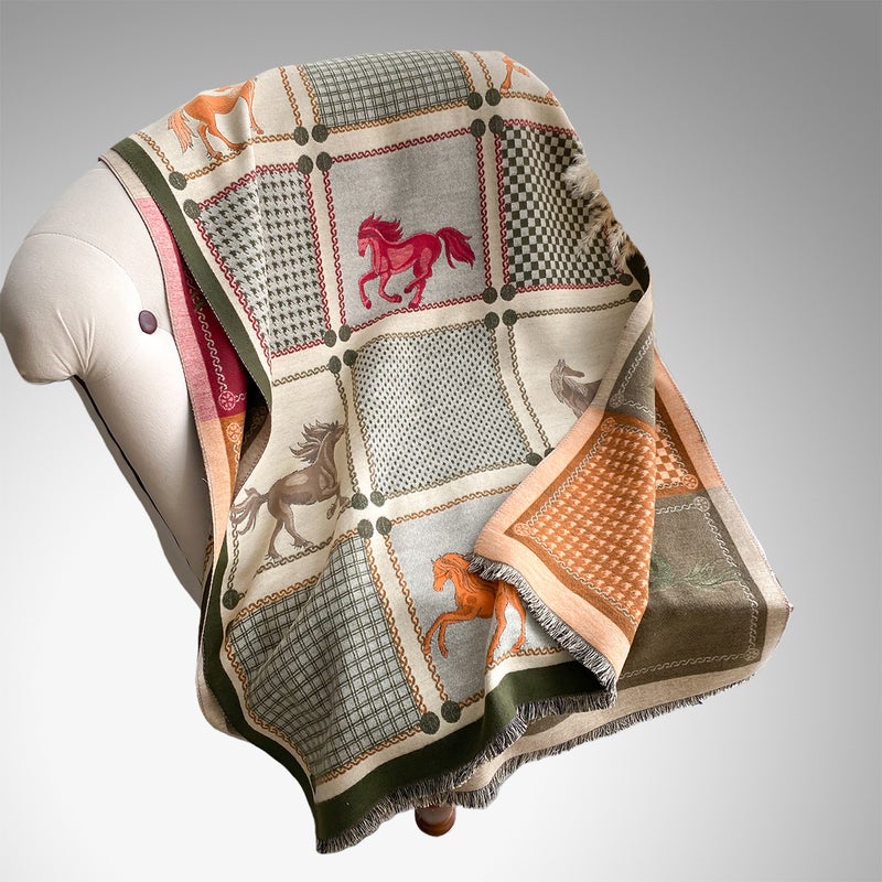 Autumn and Winter Mesh Color Block Horse Collision Fashionable Ladies Imitation Cashmere Warm Scarf Air-Conditioned Shawl Scarf - Image 1