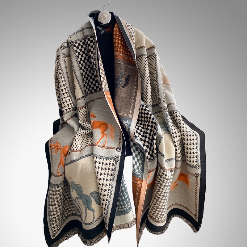 Autumn and Winter Mesh Color Block Horse Collision Fashionable Ladies Imitation Cashmere Warm Scarf Air-Conditioned Shawl Scarf - Image 3