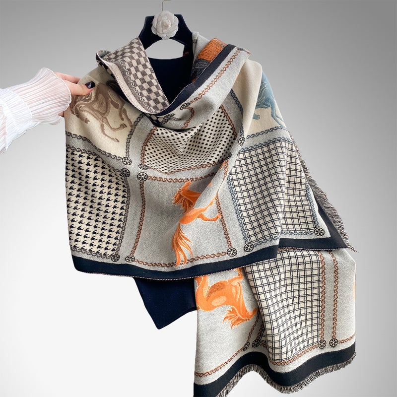 Autumn and Winter Mesh Color Block Horse Collision Fashionable Ladies Imitation Cashmere Warm Scarf Air-Conditioned Shawl Scarf - Image 2