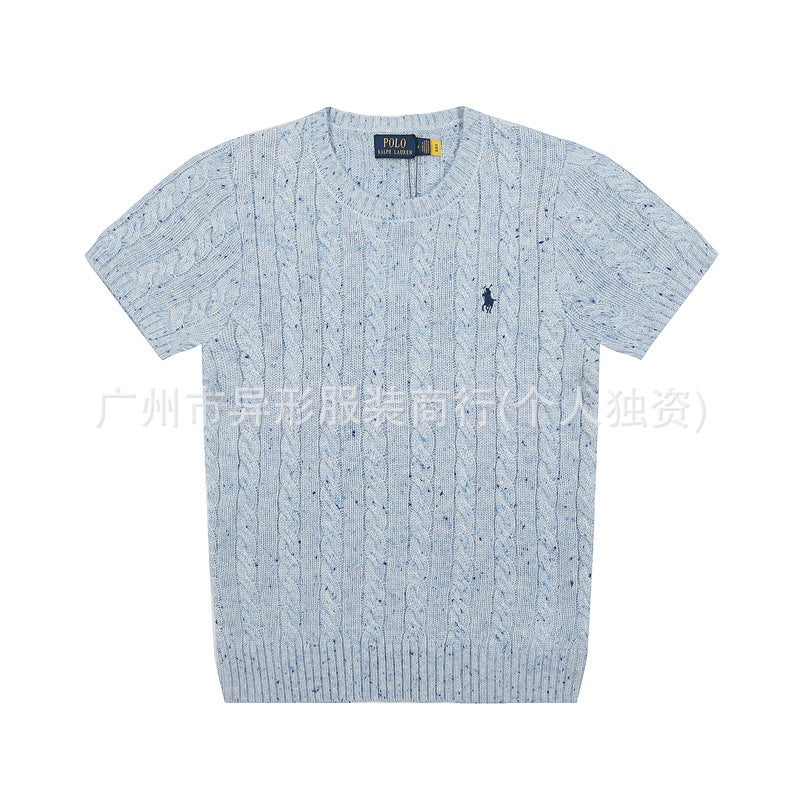 Correct Edition 2025 Fashion Brand New Rl Raff War Horse Small Label Embroidery Rendering Knitted Round Neck Short Sleeve T-Shirt - Image 3