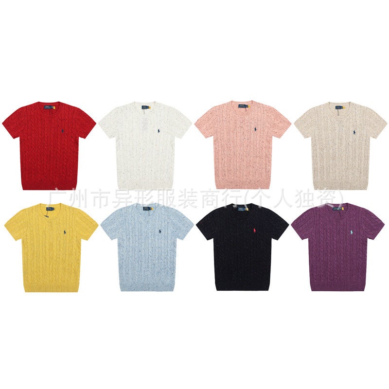 Correct Edition 2025 Fashion Brand New Rl Raff War Horse Small Label Embroidery Rendering Knitted Round Neck Short Sleeve T-Shirt - Image 2