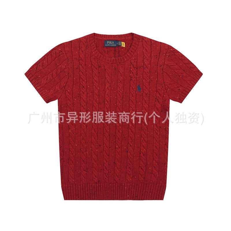 Correct Edition 2025 Fashion Brand New Rl Raff War Horse Small Label Embroidery Rendering Knitted Round Neck Short Sleeve T-Shirt - Image 1