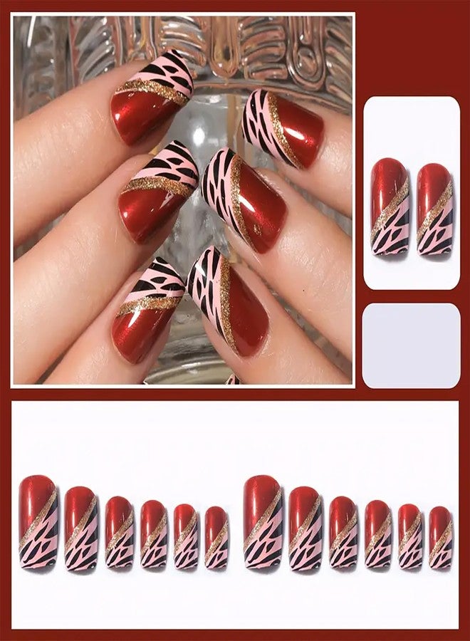 Vezocim Red Press on Nails Medium Square 24Pcs Artificial Glossy Fake Nails with Leopard Designs Full Cover Coffin False Nails Glue Stick on Nails Fingernails with Charm for Women Girls - Image 2