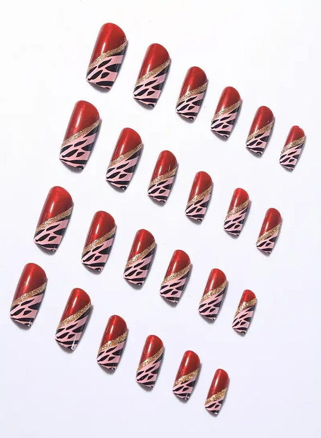 Vezocim Red Press on Nails Medium Square 24Pcs Artificial Glossy Fake Nails with Leopard Designs Full Cover Coffin False Nails Glue Stick on Nails Fingernails with Charm for Women Girls - Image 3