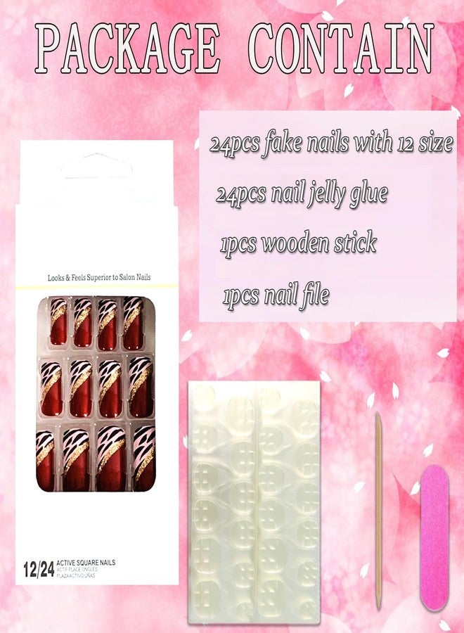 Vezocim Red Press on Nails Medium Square 24Pcs Artificial Glossy Fake Nails with Leopard Designs Full Cover Coffin False Nails Glue Stick on Nails Fingernails with Charm for Women Girls - Image 4