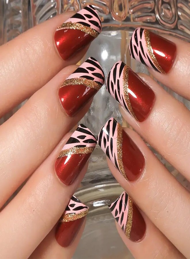 Vezocim Red Press on Nails Medium Square 24Pcs Artificial Glossy Fake Nails with Leopard Designs Full Cover Coffin False Nails Glue Stick on Nails Fingernails with Charm for Women Girls - Image 1