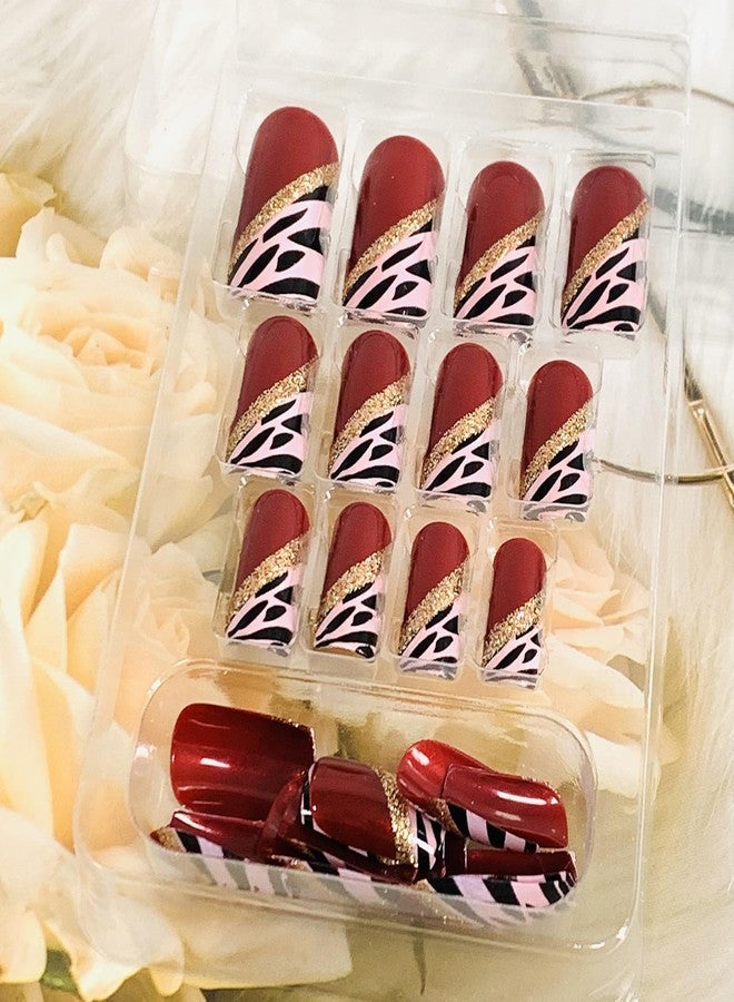 Vezocim Red Press on Nails Medium Square 24Pcs Artificial Glossy Fake Nails with Leopard Designs Full Cover Coffin False Nails Glue Stick on Nails Fingernails with Charm for Women Girls - Image 5