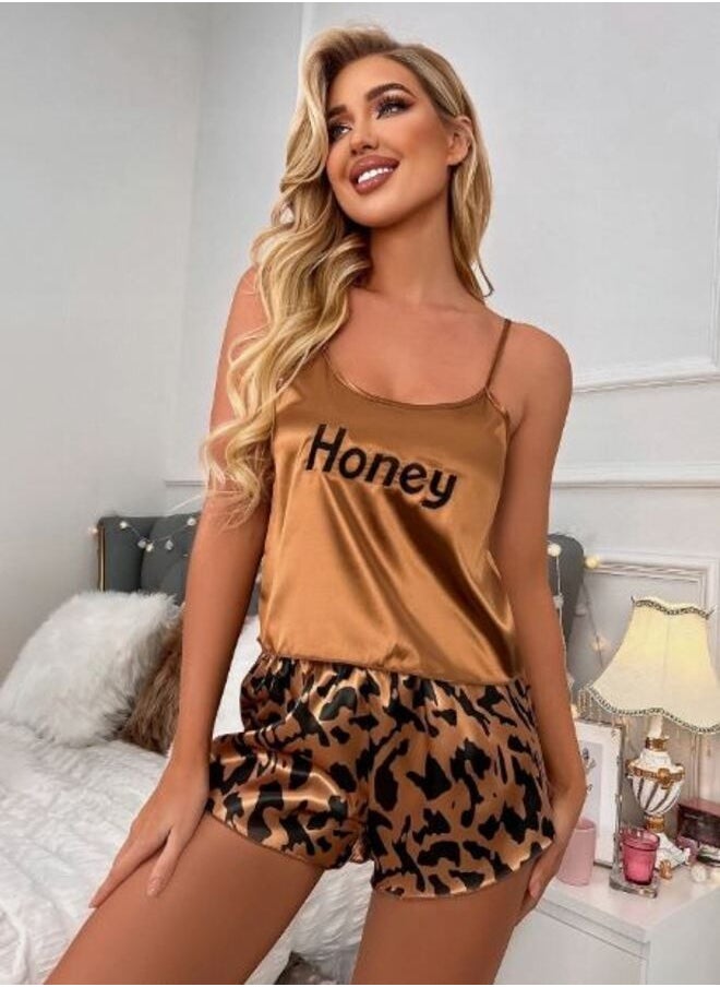 Shein - Letter Embroidery Satin Cami Top & Allover Print Shorts PJ Set - Image 1