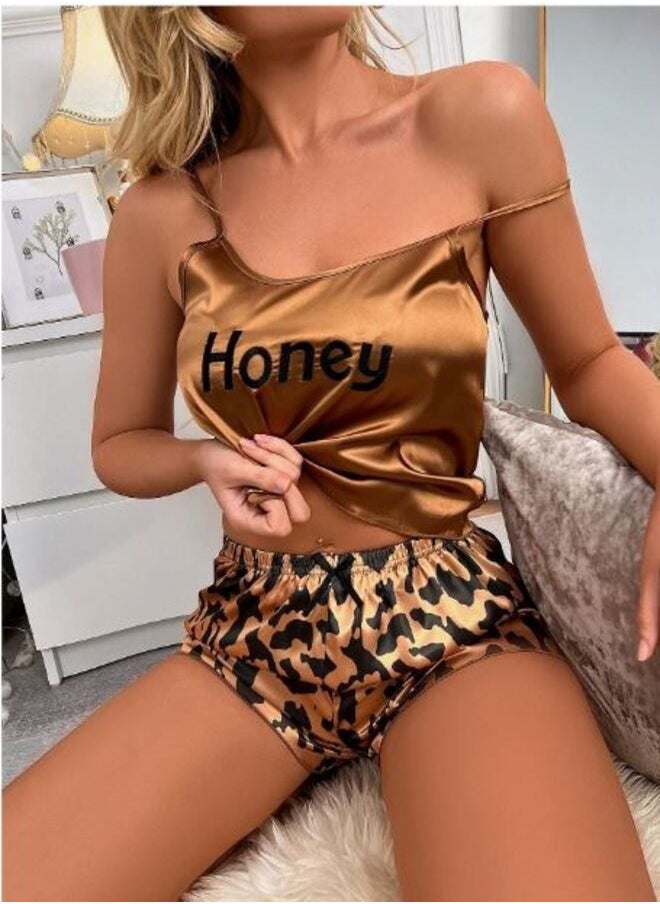Shein - Letter Embroidery Satin Cami Top & Allover Print Shorts PJ Set - Image 1