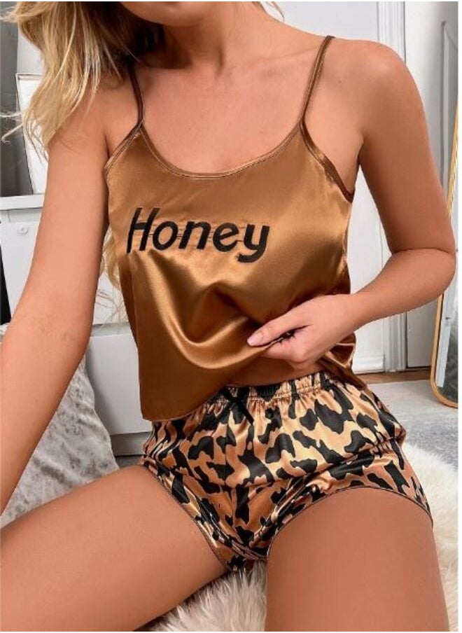 Shein - Letter Embroidery Satin Cami Top & Allover Print Shorts PJ Set - Image 1
