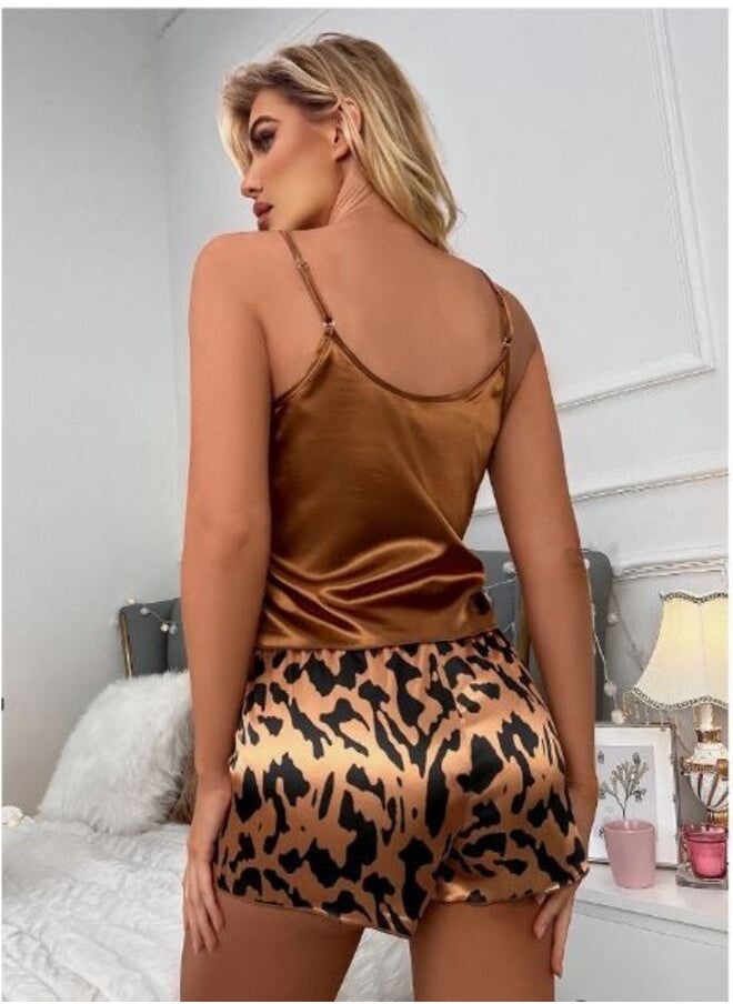 Shein - Letter Embroidery Satin Cami Top & Allover Print Shorts PJ Set - Image 1