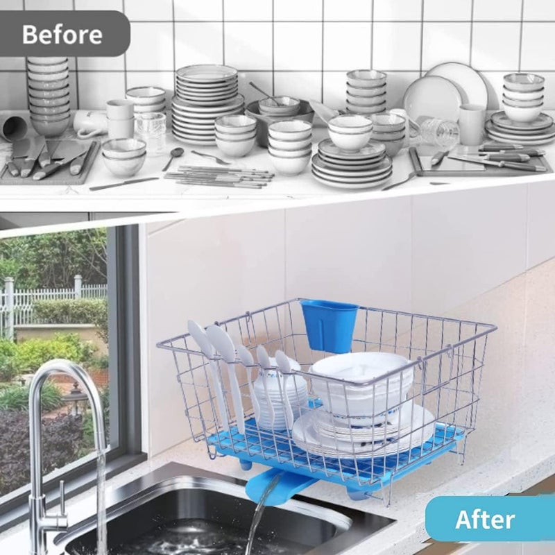 Swarni Dish Drying Rack SpaceSaving Dish Rack Dish Racks for Kitchen Counter Stainless Steel Kitchen Drying Rack with Water Strainer Tray Spoon Holder Included Blue Tray - Image 3