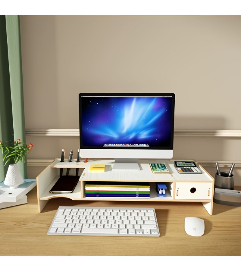 Two Tier Wooden Monitor Riser with Drawers for Laptops Keyboards and Office Supplies - Image 1