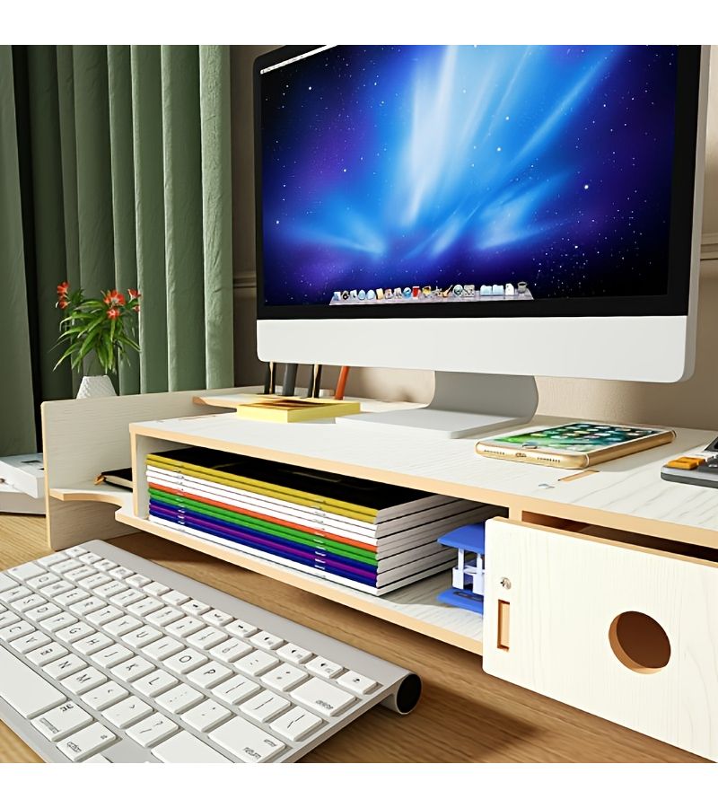 Two Tier Wooden Monitor Riser with Drawers for Laptops Keyboards and Office Supplies - Image 5