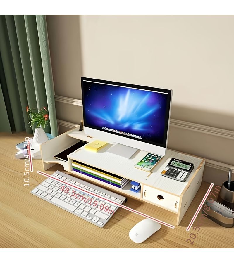 Two Tier Wooden Monitor Riser with Drawers for Laptops Keyboards and Office Supplies - Image 2