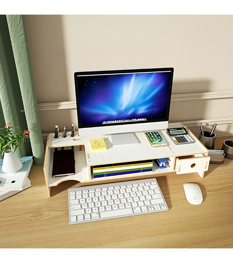 Two Tier Wooden Monitor Riser with Drawers for Laptops Keyboards and Office Supplies - Image 4